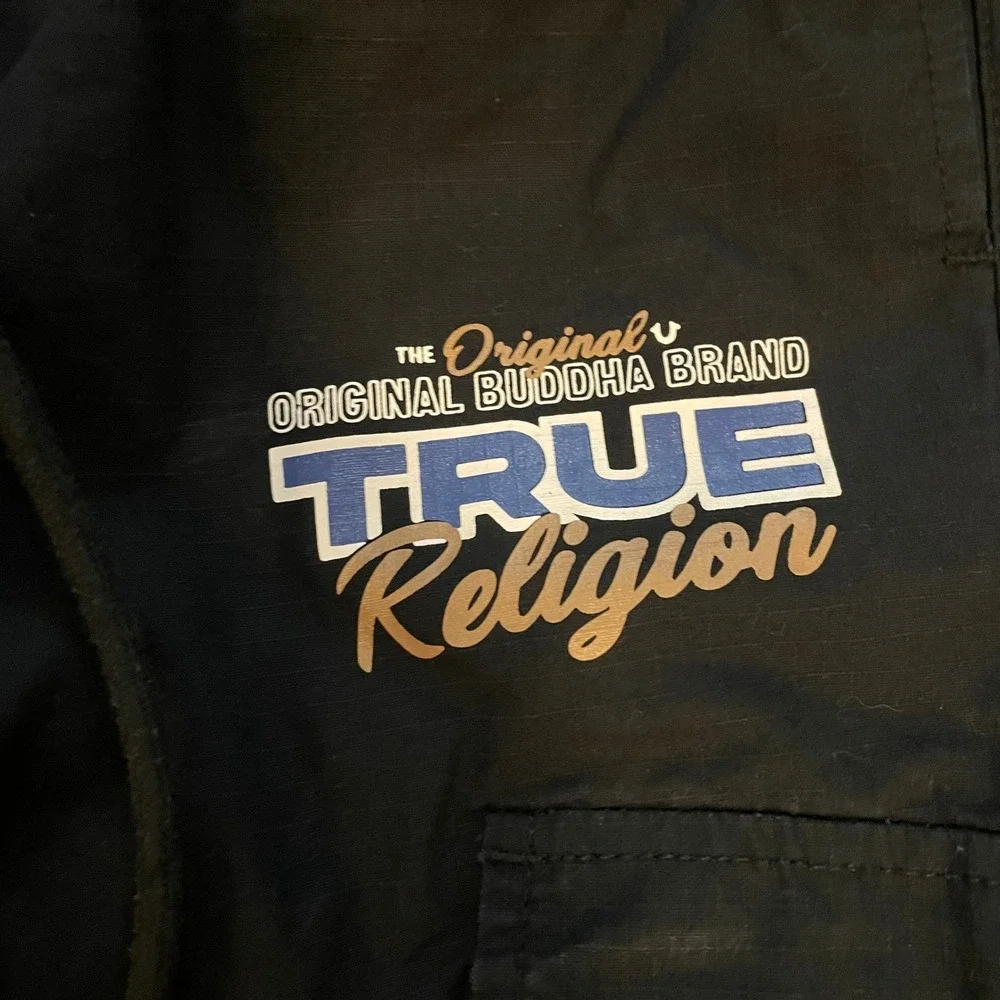 True Religion Mens Cargo Jogger Pants Medium Black Cotton Ripstop Graphic Logo
